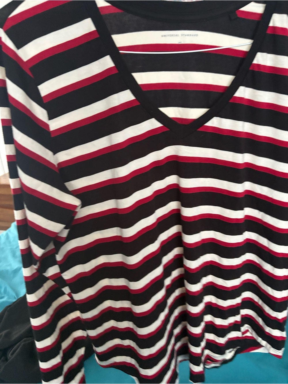 Universal Standard Black, White & Red Striped V-Neck Long Sleeve Tee